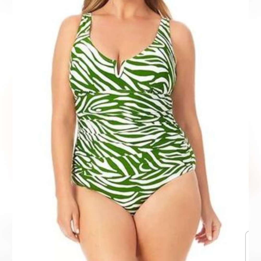 Anne Cole Green and White Zebra Stripe One Piece Swimsuit Size 20W